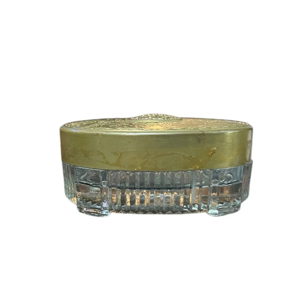 Vintage Art Deco Oval Glass Vanity Jars Set of 3 Brass Floral Embossed Lids